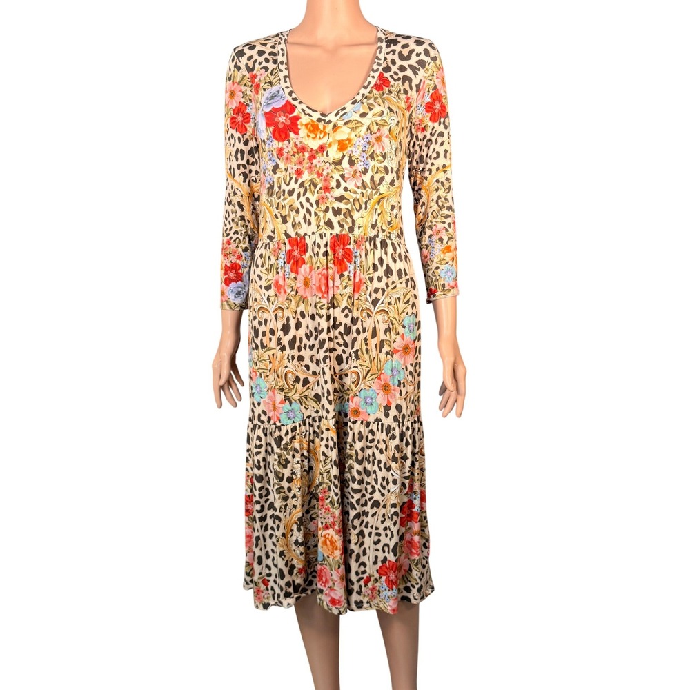 Johnny Was Cheetah Floral Tiered Midi Dress T32822-8 Small Bamboo Viscose Multi